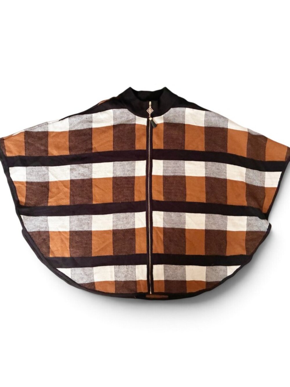 Anne Klein Plaid Zip Knit Cape Poncho Fall Layering - 1X - Brown Black Cream